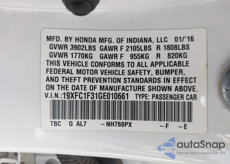 2016 Honda Civic Ex-T из США, поврежденный, VIN 19XFC1F31GE010661